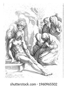 Christ is placed in the rock tomb by Joseph of Arimathea. On the right a group of mourning women including Mary and Maria Magdelena. (Matthew 27: 57-61). The print has two Latin captions.