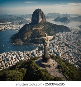 Christ the Redeemer is a colossal statue of Jesus Christ perched atop the Corcovado Mountain in Rio de Janeiro, Brazil. Standing at 98 feet (30 meters) tall with an arm span of 92 feet (28 meters). - Powered by Shutterstock