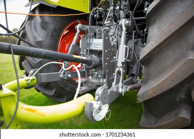 Christchurch, Canterbury, New Zealand, April 4 2020: The Rear Of A Claas Tractor Showing The Three Point Hitch Assembly And Power Takeoff Unit