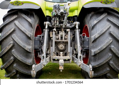 Christchurch, Canterbury, New Zealand, April 4 2020: The Rear Of A Claas Tractor Showing The Three Point Hitch Assembly And Power Takeoff Unit