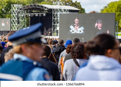 Christchurch, Canterbury, New Zealand, March 29 2019: Prime Minister, Jacinda Ardern speaks, with a large Police presence at the Memorial Service for the Muslim victims of the Christchurch Shootings