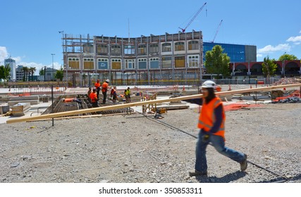 CHRISTCHURCH - DEC 07 2015:Builders Builds A New Building In Christchurch.Over 1000 Buildings In The CBD (Central Business District) Were Demolished Following Christchurch Earthquakes