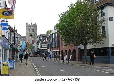 Christchurch Dorset England May 2021.  The Town Centre Shops With Reduced Traffic Flows And Pedestrian Areas. People Shopping.