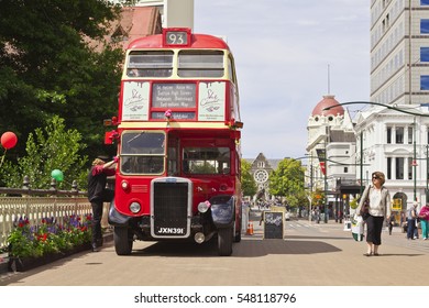 Christchurch, New Zealand: 18 February 2011 - London Transport Red Double Decker Bus Just About To Set Off On A Tour Of Christchurch. 
