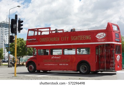 Christchurch, New Zealand, 20 Jan: London Transport Red Double Decker Bus On A Tour In Christchurch On 20 Jan 2017. A Restored Red Tourist Bus In The Street Of Christchurch, New Zealand.