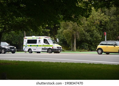 CHRISTCHURCH, NEW ZEALAND, DECEMBER 30, 2020; A white St John ambulance on its way to Christchurch hospital, December 30, 2020