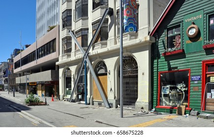 Christchurch, New Zealand - October 29, 2011: Gough House Is Braced After Devastating Christchurch Earthquake In An Effort To Save The Badly Damaged Building.