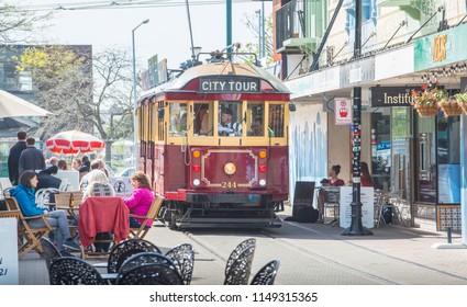 Christchurch, New Zealand -October-02-2017 : Christchurch Heritage Tram Runs On Tramway Tracks In New Regent Street It Is One Of The City's Major Tourist Attractions In Christchurch, NZ.