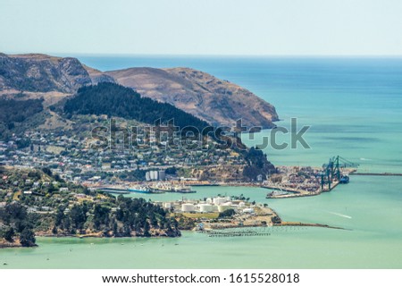 Christchurch New Zealand. Wide scenic landscape view of Lyttelton Harbour and Banks Peninsula from the top of the port hills. Popular tourism travel destination in Canterbury, South Island. 