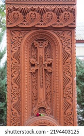 A Christian Armenian Cross Made Of Red Bricks.