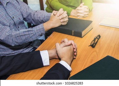 Christian Business Man Are Praying Together On Wooden Table In Office, Christian Background