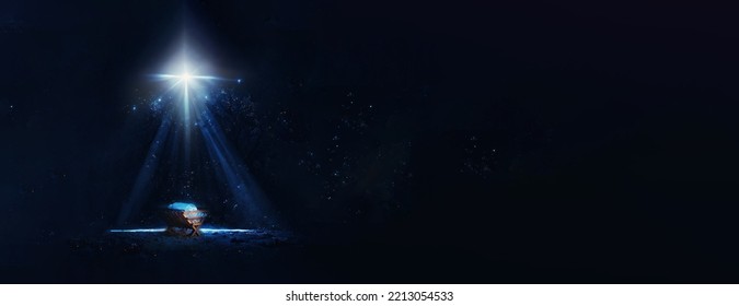Christian Christmas concept. Birth of Jesus Christ. Wooden manger in dark blue night. Banner, copy space. Nativity scene. Jesus is reason for season. Salvation, Messiah, Emmanuel, God with us, hope - Shutterstock ID 2213054533