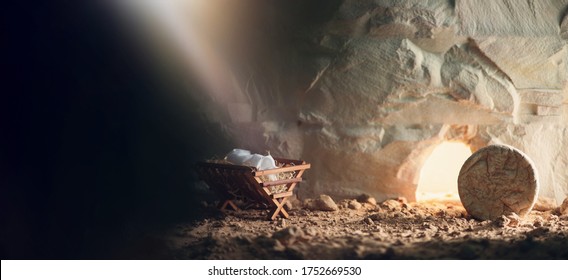 Christian Christmas and Easter concept. Chronology of Jesus life. Born to Die, Born to Rise. Wooden manger and empty tomb background. Jesus - reason for season. Salvation, Messiah, Emmanuel.