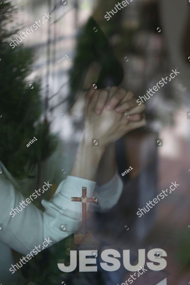 Christian church woman praying and worshiping with hands together ...