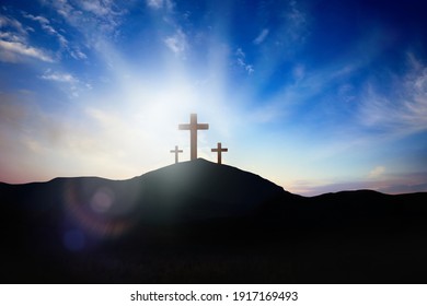 Christian croses on hill outdoors at sunrise. Resurrection of Jesus