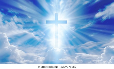 Christian cross with god ray on blue sky background