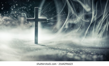 Christian cross in heavenly abstract wallpaper with ethereal clouds, shining lights, and a cross, symbolizing heaven or spirituality. - Shutterstock ID 2164296623