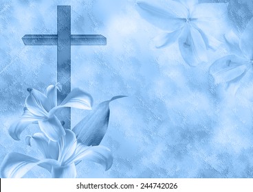 Christian cross and lily flower on blue background