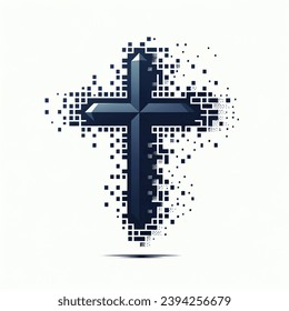 Christian cross logo with the cross breaking into individual pixels and floating away