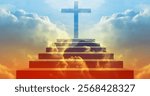 Christian cross on clouds. Steps and ladder towards the cross and sky. Heaven, death and faith concept background image.