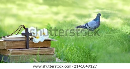 Christian cross, rose flowers, biblical books and pigeon in garden, natural background. symbol of Easter, Pentecost, Holy Trinity. Orthodox, Christianity, Lent, Faith in God, Church holiday concept