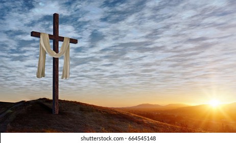 Christian Cross with Waving White Cloth at Sunset, Left Side