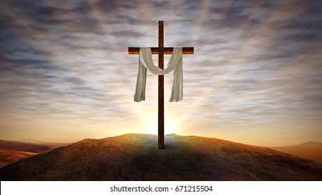 Christian Cross With Waving White Cloth At Sunset, Center