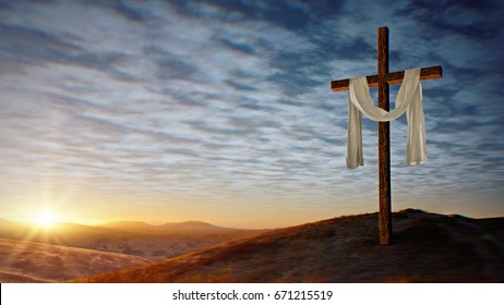 Christian Cross With Waving White Cloth At Sunset, Center