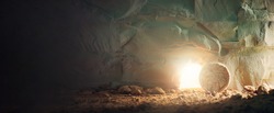 Christian Easter Concept. Jesus Christ Resurrection. Empty Tomb Of Jesus With Light. Born To Die, Born To Rise. "He Is Not Here He Is Risen". Savior, Messiah, Redeemer, Gospel. Alive. Miracle.