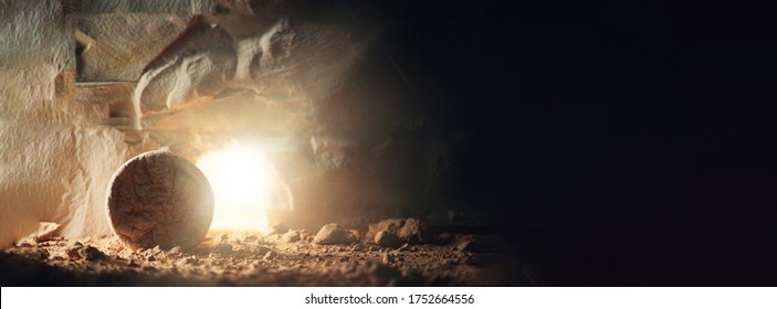 Christian Easter concept. Jesus Christ resurrection. Empty tomb of Jesus with light. Born to Die, Born to Rise. "He is not here he is risen". Savior, Messiah, Redeemer, Gospel. Alive. Miracle.