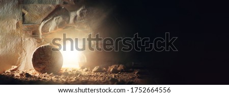 Christian Easter concept. Jesus Christ resurrection. Empty tomb of Jesus with light. Born to Die, Born to Rise. 