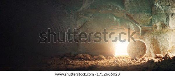 Christian Easter concept. Jesus Christ\
resurrection. Empty tomb of Jesus with light. Born to Die, Born to\
Rise. \