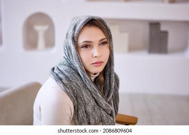 Christian Head Covering Or Christian Veiling Or Muslim Hijab Dressed On 24 Year Old European Woman. Young Caucasian Female Wears Headscarf.