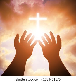Christian Man With Open Hands Worship Christian. Eucharist Therapy Bless God Helping Repent Catholic Easter Lent Mind Pray. Christian Concept Background.
