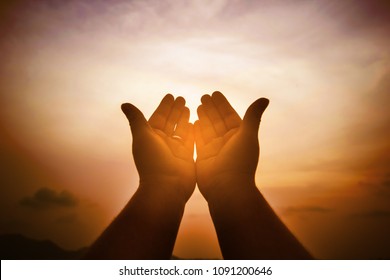 Christian man with open hands worship christian. Eucharist Therapy Bless God Helping Repent Catholic Easter Lent Mind Pray. Christian concept background. - Shutterstock ID 1091200646