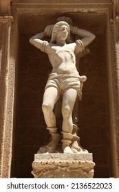 Christian Martyr Monument - Saint Sebastian Statue In Facade Of Gallipoli Cathedral In Italy.