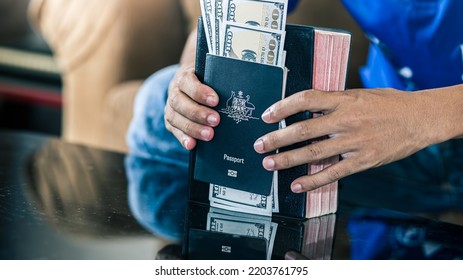 Christian Person Holding Passport And Money With Bible For Mission, Christian Concept.