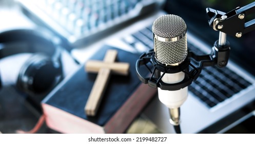 Christian Radio Broadcast, Podcast Studio Interior. Preacher Reads The Bible Online, Records A Podcast.