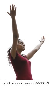 Christian Woman Praising And Worshiping God With Arms Raised