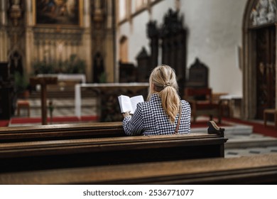 Christian woman is reading bible and praying in church. Religion and spirituality concept. Silent prayer to God - Powered by Shutterstock