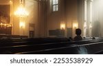 Christian Woman Sits Piously in Church, Praying, Seeks Guidance and Solace from Religious Faith and Spiritual Belief in God. Cinematic Camera Moving from Ceiling Painting of Jesus Christ to a Woman