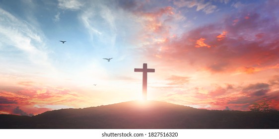 Christian wooden cross on the mountain  sunset background - Shutterstock ID 1827516320