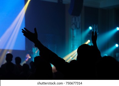 Christian Worship God  With Raised Hand, Music Concert, Praise And Worship Concept, Spirituality And Religion