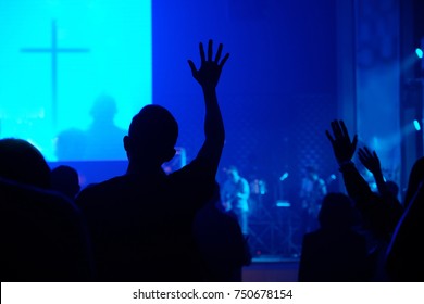 Christian Worship God  With Raised Hand, Music Concert, Praise And Worship Concept, Spirituality And Religion