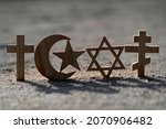 Christianity, Islam, Judaism 3 monotheistic religions. Jewish Star,  Christian and Orthodox crosses and Crescent and star : Interreligious or interfaith symbols.