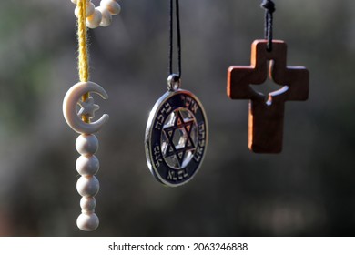 Christianity, Islam, Judaism  3  Monotheistic Religions. Jewish  Star Of Davis, Islamic Cross And Crescent And Christian Cross.  Interreligious Symbols. France. 
