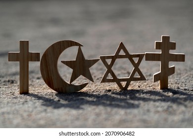 Christianity, Islam, Judaism 3 monotheistic religions. Jewish Star,  Christian and Orthodox crosses and Crescent and star : Interreligious or interfaith symbols. - Shutterstock ID 2070906482