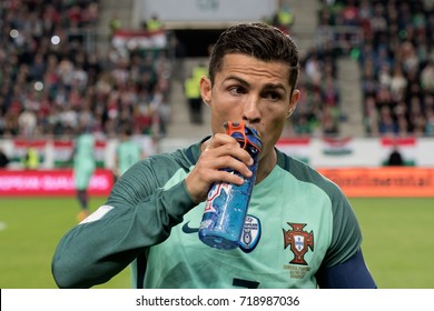 Christiano Ronaldo Of Portugal Drinking Water Before The FIFA 2018 World Cup Qualifier Match Between Hungary And Portugal On September 3, 2017 In Budapest, Hungary