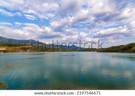 Christianoupolis dam water reservoir in Messenia, Greece. View of the dam water, artificial lake.