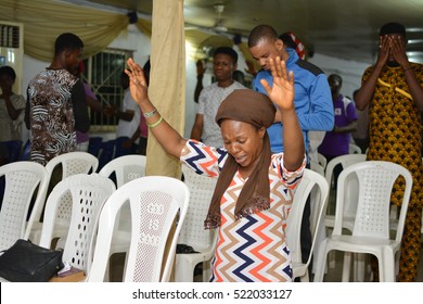 CHRISTIANS HAVING A PRAISE AND WORSHIP SESSION IN A LAGOS CHURCH, NIGERIA - November 18, 2016: Christians having a praise and worship session in a church, in Lagos Nigeria on November 18, 2016